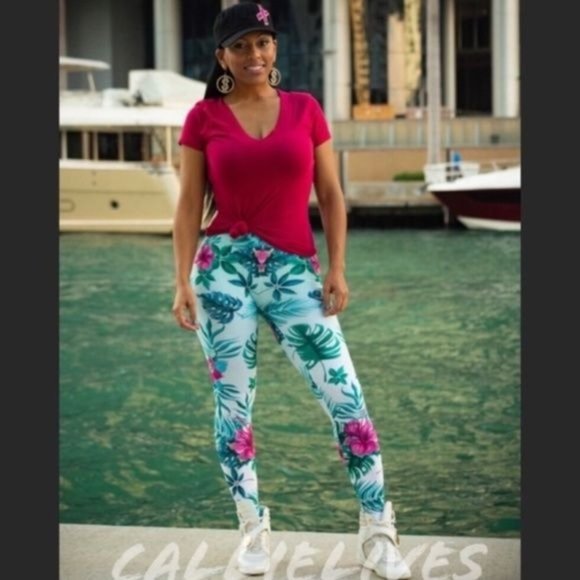 Callie 3D Paradisio: Leggings Floral Plant Graphic Navy & Mint - Picture 2 of 9